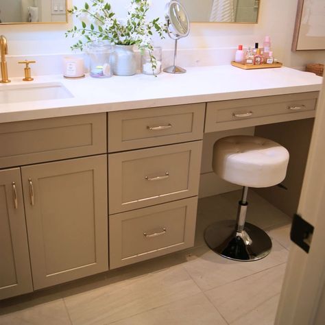 Vanity With Sink On One Side, Bathroom With One Sink And Makeup Vanity, Master Bath Vanity With Makeup Area One Sink, Master Ensuite With Makeup Vanity, Off Center Bathroom Vanity, Bathroom Counter With Cabinet In Middle, Single Sink And Makeup Vanity Combo, Bathroom With Vanity Area Layout, Small Built In Vanity