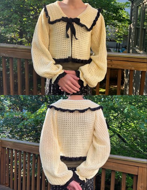 Karoshia Design Sweater, Dark Acedamia Crochet, Dark Acedemia Crochet, How To Make Sweater Shorter, Light Academia Crochet, Dark Academia Crochet Ideas, Crochet Bow Sweater, Old Money Crochet, Crochet Mori