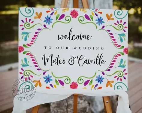 Welcome your guests in style with this decorative fiesta wedding party welcome sign. Featuring bright and cheerful colors, this sign is perfect for setting the fun tone of your wedding day. Printable Sign Mexican Themed Weddings, Fiesta Wedding, Fiesta Theme, Boda Mexicana, Welcome Poster, Mexican Wedding, Wedding Welcome Sign, Welcome To Our Wedding, Couple Shower