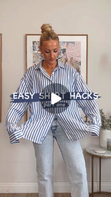 Shirts Wearing Style, How To Dress A Button Up Shirt, Blouse Wearing Ideas, Pinstripe Button Down Shirt Outfit, Tie Up Button Up Shirt, How To Wear Large Shirts, Ways To Wear Blouses, Clothing For 11-12, Upcycle Womens Clothes Diy