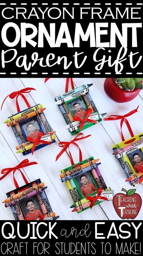 Crayon Picture Frame, Preschool Christmas Gifts, Picture Frame Ornament, Frame Ornaments, Students Christmas, Student Christmas Gifts, Frame Ornament, Picture Frame Ornaments, Parents Christmas