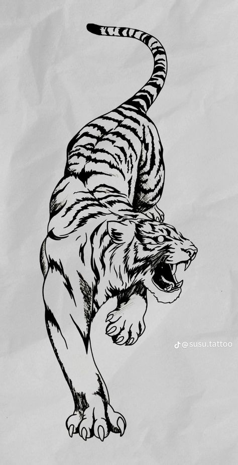 Side Tiger Tattoo, Crane And Tiger Tattoo, Tiger Around Knee Tattoo, Sketch Work Tattoo Style, Tiger Men Tattoo, Animal Shin Tattoo, Tiger Tattoo Calf, Yakuza Tiger Tattoo, Dark Tiger Tattoo