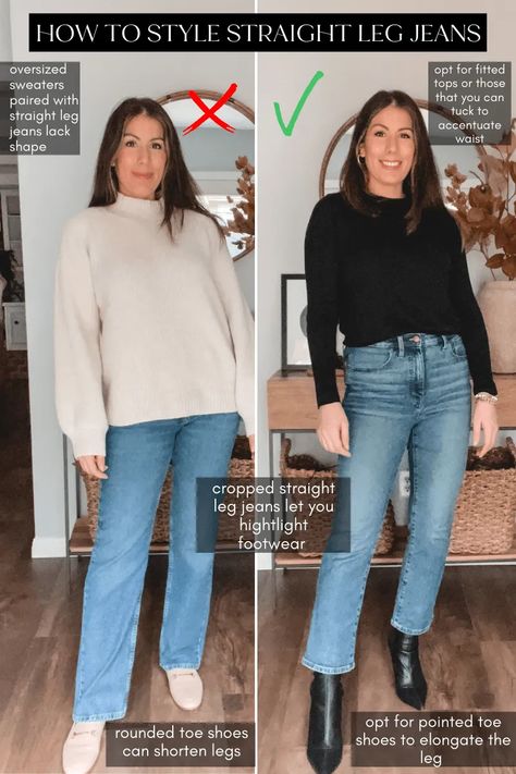 Light Denim Straight Jeans Outfit, Fall Outfit Straight Leg Jeans, Sneakers And Straight Leg Jeans, Loafers With Straight Leg Jeans, Crop Sweater Jeans Outfit, In Style Jeans 2023, Straight Leg Jeans And Sweater, Black Cropped Straight Leg Jeans Outfit, Straight Crop Jeans Outfit