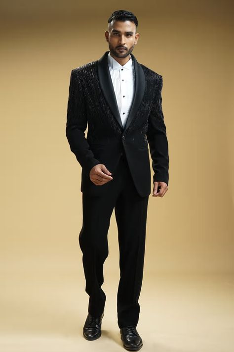 Black Kupro Tonal Cutdana And Sequin Embroidered Tuxedo Trouser Set Groom Outfit Inspiration, Engagement Dress For Men, Maroon Tuxedo, Coat Pant For Men, Embroidered Tuxedo, Dance Jackets, Cutdana Embroidery, Sherwani For Men Wedding, Cocktail Party Outfit