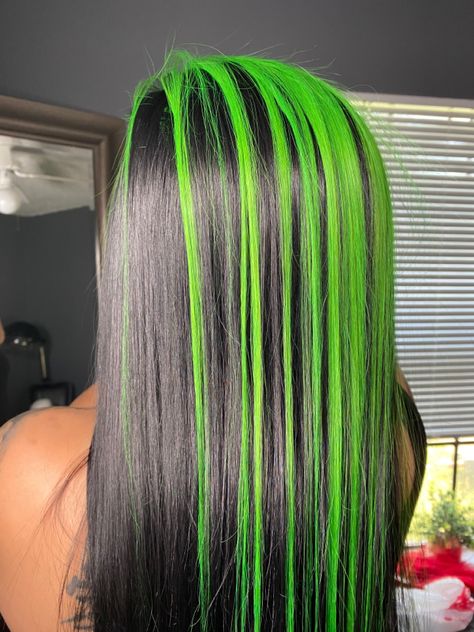 Black And Green Highlights Hair, Black Hair With Lime Green Highlights, Black Hair With Neon Highlights, Lime Green Hair Streaks, Neon Green Highlights In Black Hair, Neon Green Hair Streaks, Black Hair Green Highlights, Green Streaks In Hair, Black And Neon Green Hair