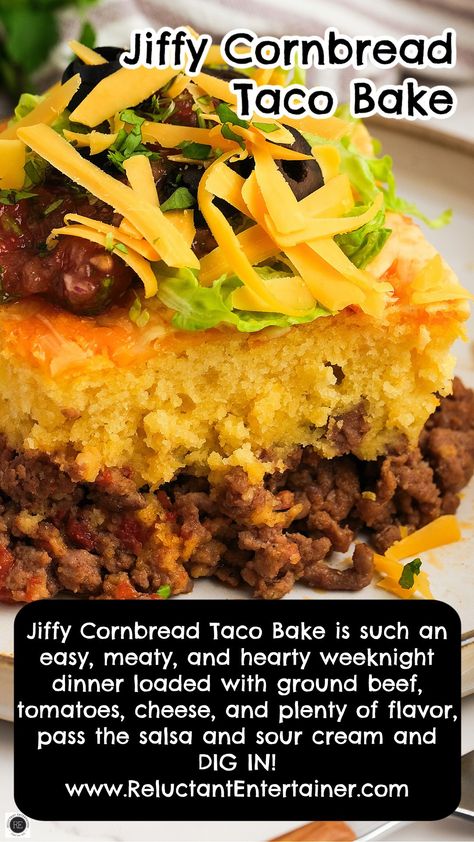 Beefy, cheesy, and loaded with big, bold Southwestern flavors, this easy Jiffy Cornbread Taco Bake is a family favorite! Chili Pot Pie With Jiffy Cornbread Crust, Jiffy Cornbread Taco Bake, Easy Chili Cornbread Bake, Ground Beef And Jiffy Cornbread Recipes, Bisquick Taco Casserole, Casseroles With Cornbread, Taco Bake With Cornbread, Taco Casserole Bake With Cornbread, Taco Bake Casserole With Cornbread