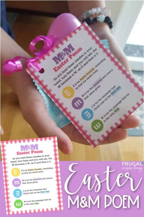 Grab this M&M Easter Poem printable to brighten someone's Easter Sunday! It's a great way to share a reminder of Jesus' resurrection while spreading joy and love! Pair with Pastel M&M in a mason jar gift or attach to individual bags of M&Ms as Sunday school gift or classroom gift. You can even fold and put inside an Easter egg. #Easter #M&Ms #MandMs #easterideas #freeprintables #FrugalCouponLiving Printables M And M Easter Poem, M&m Easter Poem Printable, Candy Poems, Easter M&ms, Easter Poems, Sermon Ideas, Thanksgiving Poems, Easter Lessons, Easter Prayers