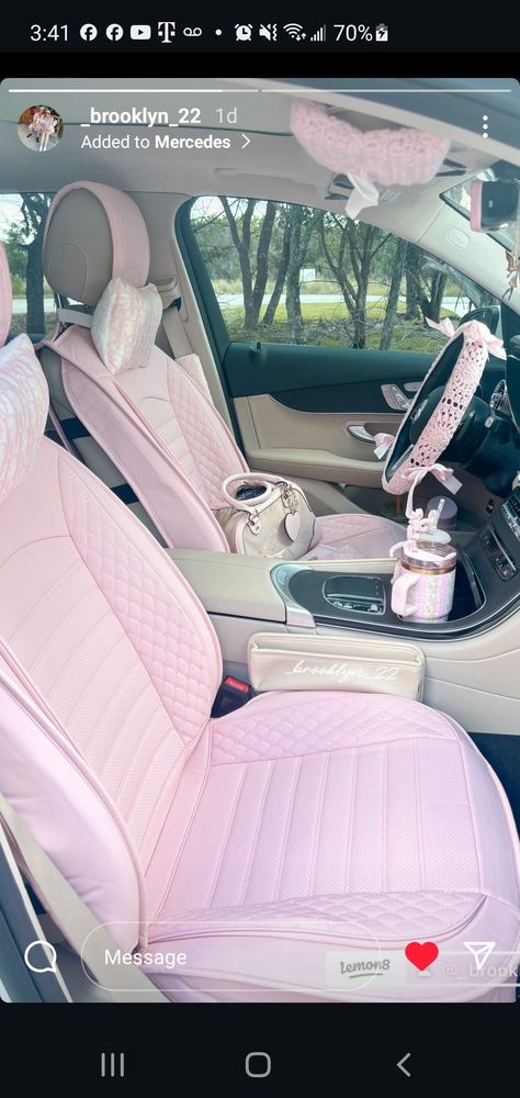 Pink And Beige Car Interior, White Car Pink Interior, Pink Car Decor Aesthetic, White Jeep Pink Interior, Light Pink Car Accessories, 2000s Car Interior, Beige Car Interior Decor, Pink Car Stuff, Tan Car Interior