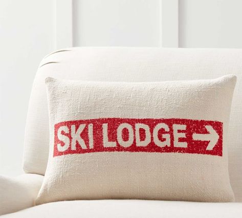 Ski Lodge Grainsack Lumbar Pillow Cover Ski Christmas, Pottery Barn Christmas Decor, Lodge Signs, Pottery Barn Christmas, Ski Decor, Scandinavian Pattern, Applique Pillows, Embroidered Pillow Covers, Ski Chalet