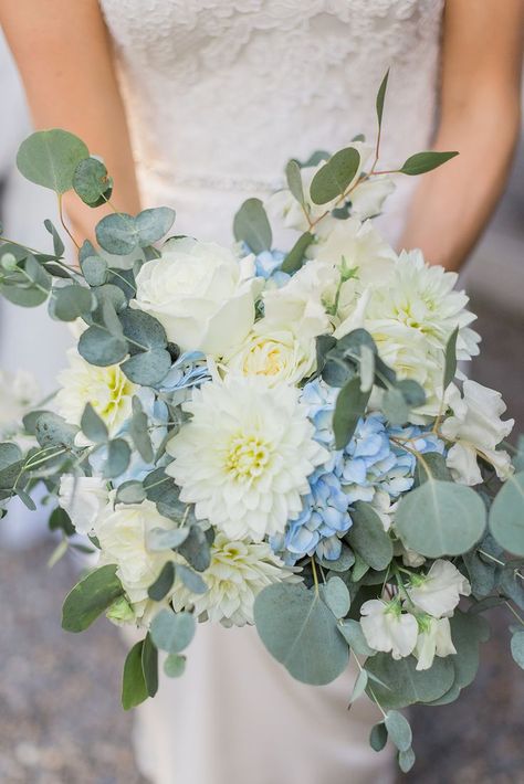 My bridal bouquet, light blue and white flowers with eucalyptus Light Blue And White Flowers, Light Blue Wedding Colors, Eucalyptus Wedding Bouquet, Hydrangea Bouquet Wedding, Blue And White Flowers, Blue Wedding Bouquet, Hydrangea Bouquet, Light Blue Wedding, Hydrangeas Wedding