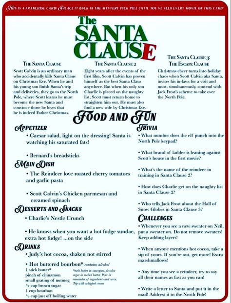 The Santa Claus Movie Night, Christmas Movie Themed Dinner Ideas, Family Movie Night Themes, Movie Bingo, Theme Dinners, Themed Meals, Disney Themed Movie Night, Movie Dinner, Disney Movie Night Dinner