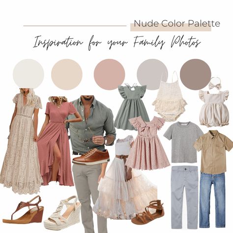 Nude Color Pallet Outfit Ideas for Photos Dusty Rose Family Pictures, Mauve Color Palette Family Pictures, Sage And Blush Family Photos, Family Photos Summer Color Schemes, Light Pink Family Photo Outfits, Dusty Rose And Sage Green Family Photos, What To Wear To A Photoshoot, Beach Photoshoot Color Scheme, Neutral Color Palette For Family Photos