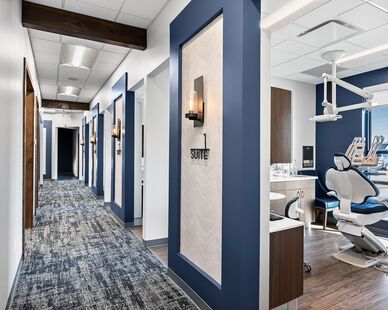 Dental office lobby Blue Dental Office, Dental Office Hallway, Dental Office Lobby, Dental Office Front Desk Design, Dental Office Color Schemes, Medical Office Reception Desk, Dental Operatory Design, Condo Lobby Design, Dental Waiting Room