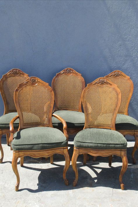 Drexel Vintage French Provincial Cane Back Chairs for Rent Vintage Cane Back Dining Chairs, Cane Chairs Dining Room, Boho Chairs, French Provincial Dining Room, Rattan Dining Set, Cane Chairs, Dining Room Victorian, Cane Dining Chairs, Girl Math