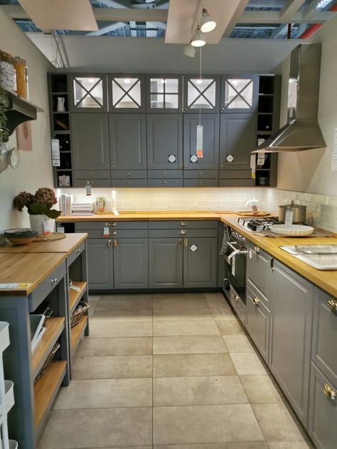 Gray Ikea Kitchen, Ikea Bodbyn Kitchen, Grey Ikea Kitchen, Karlby Countertop, Ikea Kitchen Inspiration, Ikea Bodbyn, Bodbyn Grey, Gray Kitchens, Cabinet Storage Solutions