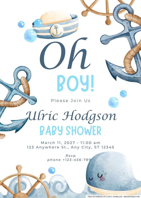 20+ Nautical Anchors Away Baby Shower Invitation Templates | Beeshower Nautical Favors, Nautical Baby Shower Invitations, Free Printable Baby Shower Invitations, Ahoy Its A Boy, Nautical Themed Party, Baby Boy Announcement, Baby Shower Party Ideas, Baby Frame, Shower Party Ideas