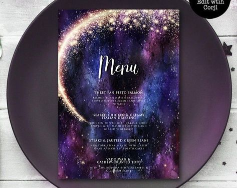 A Night Under the Stars, Galaxy Dinner Menu Galaxy Wedding, Starry Night Wedding, Printable Menu, Galaxy Theme, Sweet Sixteen Parties, Celestial Wedding, Printable Favor Tags, Glitter Party, Sweet 16 Invitations