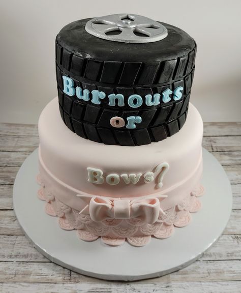 Tire, pink ruffles Burnout Or Bows Cake, Burnouts Or Bows Cake, Burnouts Or Bows Gender Reveal, Reveal Cake Ideas, Gender Reveal Cake Ideas, Bows Gender Reveal, Bow Gender Reveal, Bow Cakes, Gender Reveal Cake