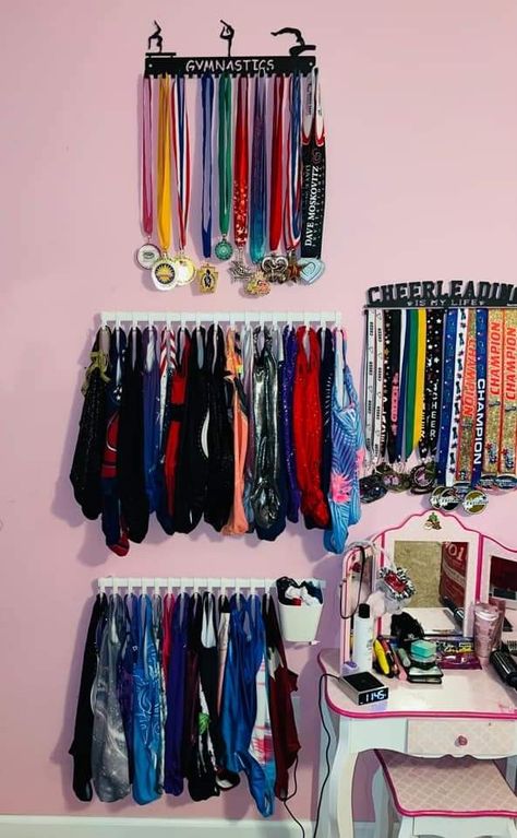 Gymnastics Room In House, Gymnastics Room Ideas, Inside Gymnastics Room, Gymnastic Themed Bedroom, Gymnastics Bedroom With A Bunkbed Teal And Pink, Gymnastics Bedroom, Gymnastics Medals, Gymnastics Room, Gymnastics Hair