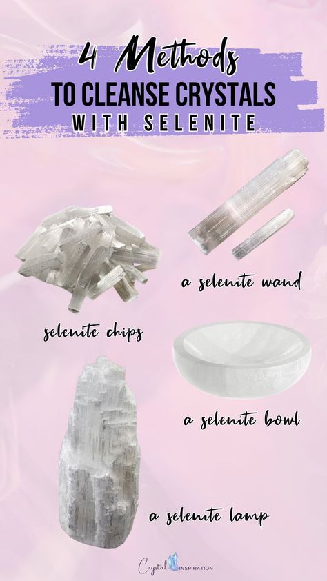 4 Methods to cleanse crystals with selenite: selenite chips, a selenite wand, a selenite bowl, a selenite lamp. Cleanse Crystals, Selenite Lamp, Selenite Wand, Lamp Inspiration, Selenite Stone, Wiccan Magic, Charge Crystals, Selenite Wands, Cleansing Crystals