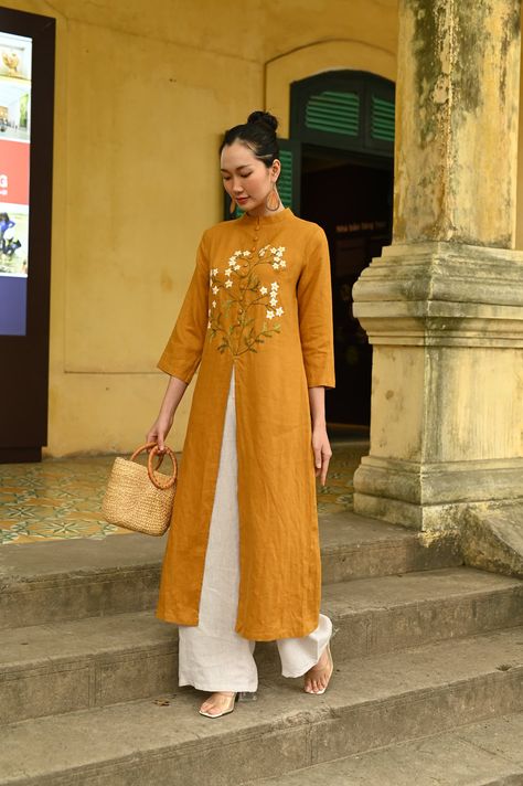 Handmade Embroidery Linen Ao Dai for Women, Ao Dai Modern, Embroidered Ao Dai Linen, Vietnamese Ao Dai Tunic Dress, Custom Ao Dai Women - Etsy Modern Indian Dress, Hoi An Tailor, Ao Dai Modern, East Asian Fashion, Vietnamese Ao Dai, Vietnam Dress, Womens Costumes, India Dress, Vietnamese Dress