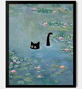 Art For Powder Room Small Spaces, Bathroom Posters Aesthetic, Poster Prints Bedroom, Cat In Water, Funny Cats In Water, Monet Prints, Artwork For Bathroom, Cat Decorations, Lily Cat