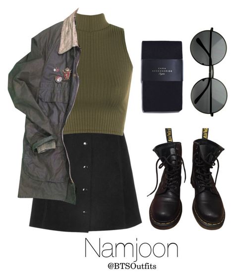 "Military/ Army Inspired: Namjoon" by btsoutfits ❤ liked on Polyvore featuring WearAll, Dr. Martens, Vintage, Zara and MLC Eyewear Army Inspired Outfit, Namjoon Outfit Inspiration, Rm Inspired Outfit, Military Outfits Women, Fantasy Military Outfit, Namjoon Military, Military Inspired Outfit, Bts Clothing, Bts Inspired Outfits