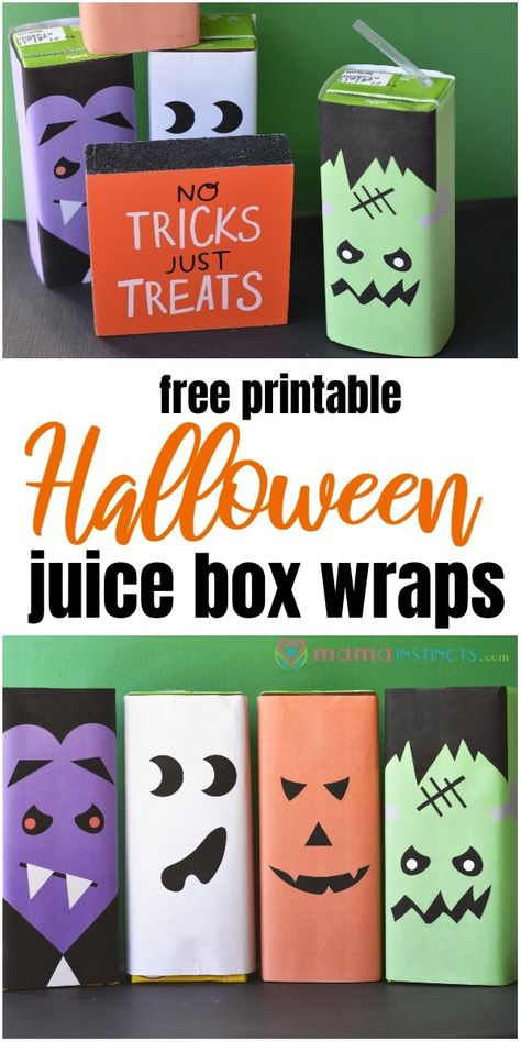 Make your Halloween season more spooky and fun with these FREE printable juice box covers. You don't even have to enter your email to download them! #halloween #halloweenparty #mamainstincts #halloweenactivity Juice Box Monsters, Monster Juice Boxes, Halloween Apple Juice Boxes, Frankenstein Juice Boxes, Juice Box Mummies, Ghost Juice Boxes, Halloween Juice Pouch Ideas, Halloween Capri Sun Ideas, Mummy Juice Boxes Halloween