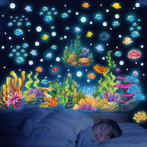 PRICES MAY VARY. GLOW UNDER THE SEA WALL DECALS:You will get these 4 sheets of glowing ocean wall stickers, the size of each sheet is 20 x 30 cm. That they glow blue in the dark.Including coral reef, seaweed, sea grass, fish,bubble etc. It's Ideal for decorating children's rooms. HIGH QUALITY:This coral reef fish kids wall stickers is made of waterproof PVC material with its own adhesive. The adhesive has very good adhesion, and can be removed and pasted in other places. Even after correction, t Boys Ocean Bedroom, Under The Sea Bedroom Kids, Under The Sea Room Decor, Under The Sea Bedroom, Daisy Bedroom, Ocean Kids Room, Bedroom Watercolor, Glowing Ocean, Sea Bedrooms