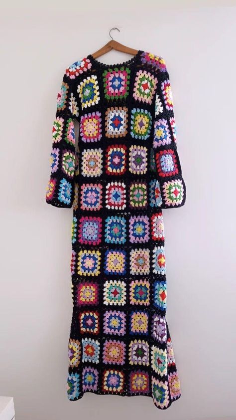 Long Sleeve Winter Dress, Granny Square Dress, Maxi Dress Crochet, Long Sleeve Dress Winter, Square Dress, Crochet Colorful, Hand Knitted Dress, Colorful Dress, Crochet Maxi Dress