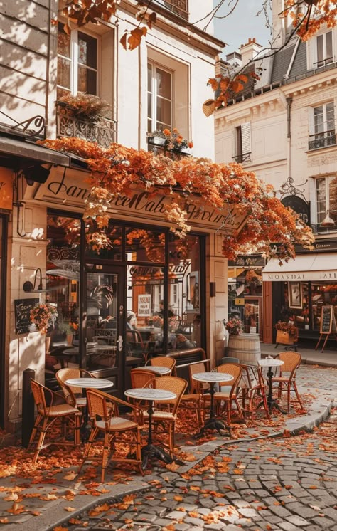 Cafe Street Photography, Coffee Shop Autumn, Paris In Fall Aesthetic, Paris Cafe Photography, Fall Coffee Aesthetic, Fall Astethic, Fall Places, Fall Cafe, Corner Street