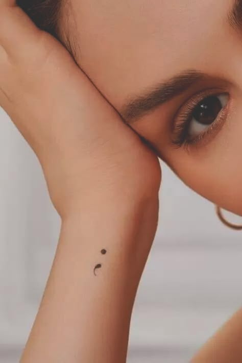 Small Tattoos Side Of Wrist, Selena Gomez Tattoo Semi Colon, Semi-colon Tattoo Quotes, Semi-colon Tattoo Placement Ideas, Semi Colon Tattoo Wrist, Simple Semicolon Tattoo, Ollie Tattoo, Mental Health Tatoos Design, Semicolon Tattoo Placement