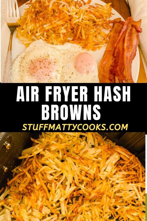 Air fryer hash browns are crispy and delicious. Make hash brown in your air fryer basket quick and easy. Ready in 15 minutes. #airfryer #hashbrowns #breakfast #breakfastsides #stuffmattycooks Hash Brown In Air Fryer, Air Fryer Shredded Hashbrowns, Air Fryer Hashbrowns From Scratch, Air Fryer Hash Browns From Scratch, Air Fry Hashbrown Potatoes, Frozen Hash Browns In Air Fryer, Air Fryer Hashbrowns Shredded, Hashbrown Airfryer, Air Fryer Hash Browns Frozen