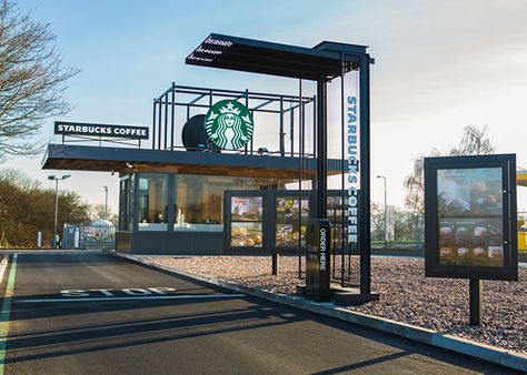 Coffee Shop Drive Thru, Drive Thru Design, Drive Through Coffee Shop, Starbucks Drive Thru, Shipping Container Cafe, Starbucks Shop, Container Coffee Shop, Drive Thru Coffee, Cafe Exterior