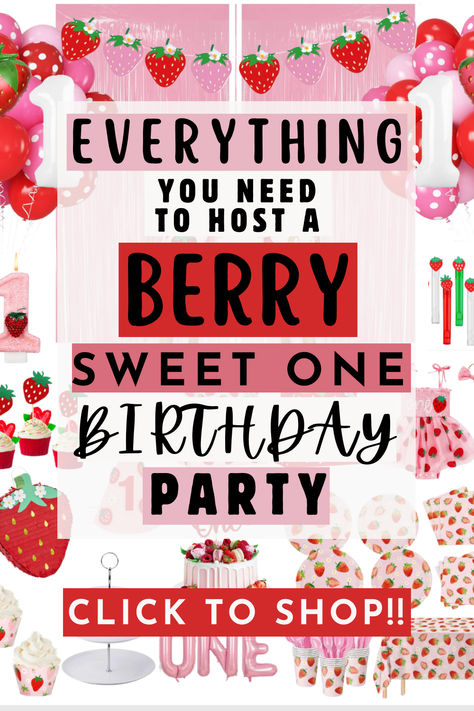 Looking to host the cutest Berry First Birthday Party? I've got you covered from invitations to balloons to party favors! It's all linked in my blog! Amazon affiliate (contains affiliate links) #amazon #amazondeals #berryfirstbirthdaypartyideas #strawberrybirthdayparty #berryfirstbirthday #sweetone #firstbirthdaypartyideas #partyideas #partythemes #girlbirthday #party #birthdayparty #1stbirthday #summerbirthday #pinkparty #red #pink #fruit #strawberries #berrysweetone #berrysweetonebirthday Berry First Birthday Smash Cake Photos, Raspberry Birthday Party, Girls First Birthday Party Ideas Summer, First Birthday Girl September, 1st Birthday Girl Berry Theme, Girl First Bday Theme, Berry First Birthday Party Food Ideas, 1 Yr Birthday Party Girl, One Sweet Girl Birthday Party