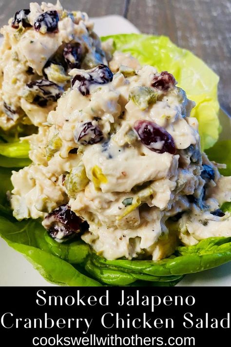 scoop of chicken salad on lettuce Smoked Chicken Salad, Cranberry Chicken Salad, Pecan Chicken Salads, Smoked Jalapeno, Cranberry Chicken, Spicy Appetizers, Pecan Chicken, Jalapeno Chicken, Pellet Grill Recipes