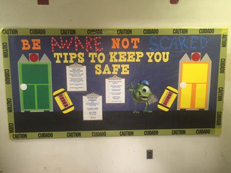 Workplace Safety Bulletin Boards, Dorm Bulletin Boards, Res Life Bulletin Boards, Monster Theme Classroom, Door Decorations College, Hollywood Theme Classroom, Dorm Themes, November Bulletin Boards, Dorm Door Decorations