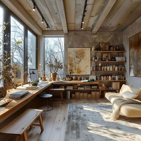 Shared Studio Space, Art Studio Inspo Small Spaces, Small Basement Art Studio, Pretty Art Studio, Blue Art Studio, In House Art Studio, Home Ceramic Studio Work Spaces, Garage Art Studio Conversion, Art Studio In The Woods