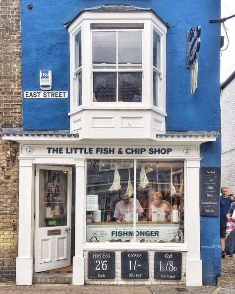 The blue and white facade of The Little Fish and Chip Shop is super cute. Serving the daily catch caught just down the road; you won't find… Fish And Chips Restaurant, British Fish And Chips, White Facade, Great British Food, British Shop, Fish Restaurant, Fish N Chips, Fish And Chip Shop, East Street