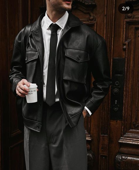 Suit And Tie Aesthetic Men, Leather Jacket Formal Outfit, Leather Jacket Suit, Men Dress Outfits, Aesthetic Guy Outfits, Leather Jacket Outfit Men, Classy Outfits Men, Concept Clothing, Leather Jacket Style