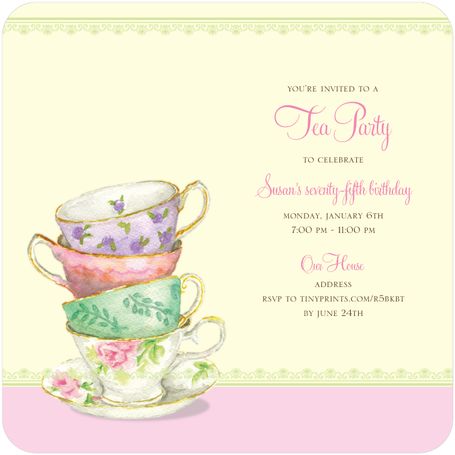 80th Birthday Tea Party Ideas - A birthday tea party is a fabulous idea for many women! There are so many fun recipes – from tiny tea cakes to scones to darling sandwiches. High Tea Invitations, 75th Birthday Invitations, Garden Party Invitations, Tea Party Favors, Classic Invitation, Tea Party Invitations, Tea Party Theme, 80th Birthday Party, Party Invitations Printable