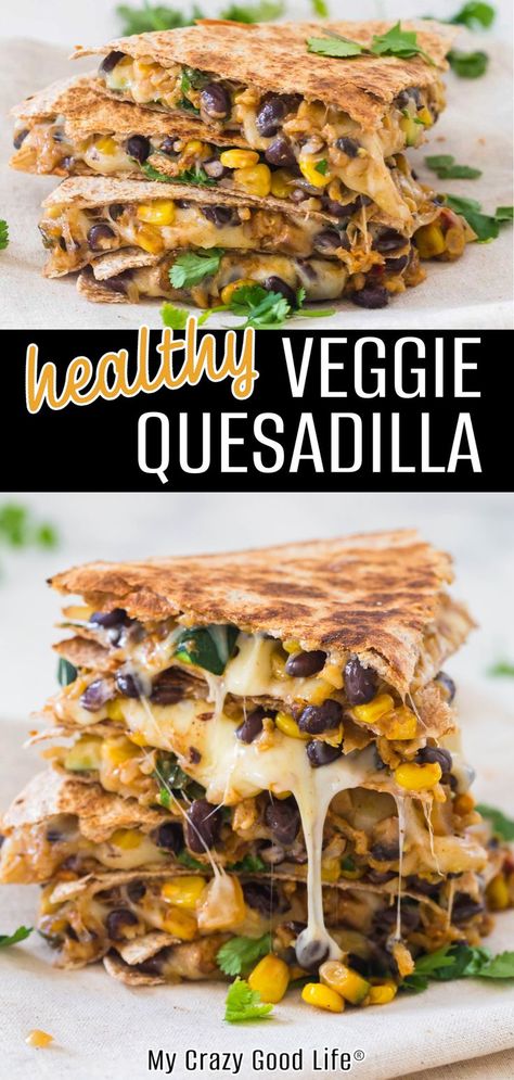 These easy Veggie Quesadillas are one of our favorite weeknight meals! The veggie mixture is versatile and can be made for tacos, quesadillas, stuffed peppers, or as a quick side dish or meal by itself. Loaded with veggies and whole grains, these are a delicious vegetarian quesadilla. Wraps Recipes Vegetarian, Veggie Quesadilla Recipes, Healthy Quesadilla Recipe, Vegetarian Quesadillas Recipes, Veggie Quesadillas, Veggie Quesadilla, Quesadilla Recipes Easy, Vegetarian Quesadilla, Simple Family Meals