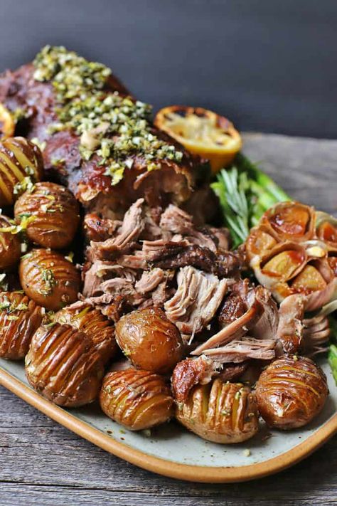 Roasting A Stuffed Turkey, Roasted Boneless Leg Of Lamb, Mini Hasselback Potatoes, Greek Style Lamb, Boneless Ham Recipe, Shredded Lamb, Lamb Recipes Oven, Gyro Meat Recipe, Sous Vide Vegetables