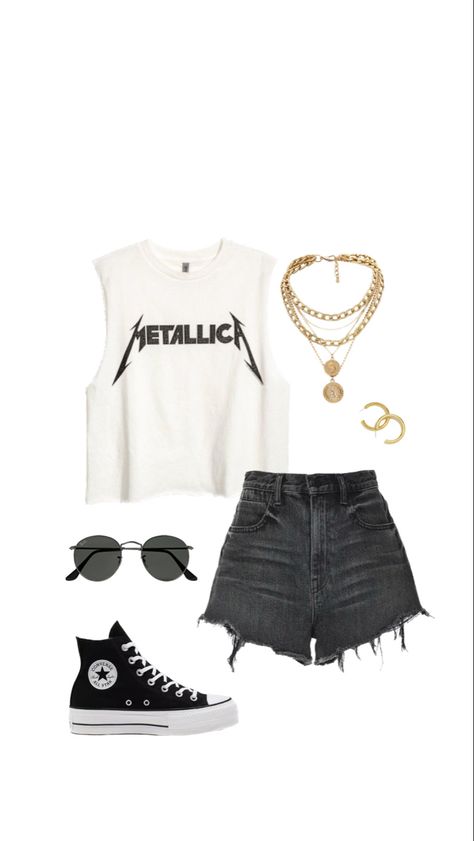 Metallica Tshirt Outfits, Metallica Shirt Outfit Women, Summer Metal Concert Outfit, Metallica Concert Outfit Ideas, Metallica Outfit Women, Metallica Concert Outfit Women, Metallica Shirt Outfit, Band T Shirt Outfit, Metallica Outfit