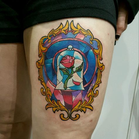 Glass Tattoo Ideas, Beauty And The Beast Tattoo, Stained Glass Tattoo, Glass Tattoo, Glass Art Installation, Chris Morris, Disney Stained Glass, Art Glass Jewelry, Painted Glass Art