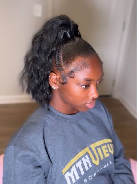 Frontal High Ponytail Hairstyles, Sleek High Ponytail Short Hair, High Ponytail With Rhinestones, Two Braids Going Into A Ponytail, Teen Ponytail Hairstyles Black, Hairstyles For Cheerleaders Black, Poofy Ponytail Hairstyles, High Ponytail With Two Strands Out, Curly Ponytail With Braid