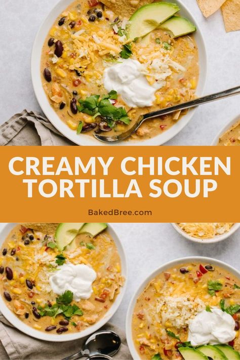 Deliciously made with Mexican flavors, this Creamy Chicken Tortilla Soup is very easy to make! Mexican Peppers, Baked Bree Recipe, Creamy Chicken Tortilla Soup, Soups Recipes, Dairy Free Soup, Bisque Recipe, Chicken Crockpot, Air Fryer Recipes Chicken, Easy Soup