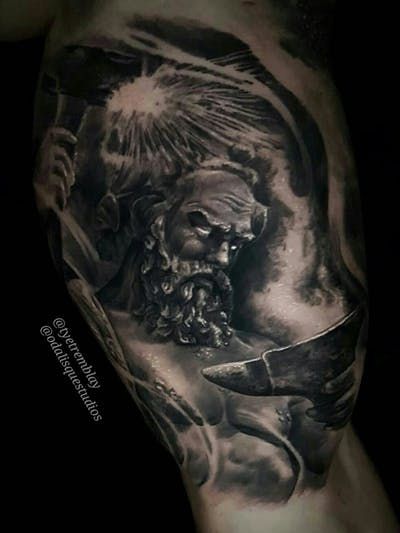 Tattoo uploaded by Odalisque Studios | #hephaestus #greekmythology #blacksmith #blackandgrey #realism | 736275 | Tattoodo Hephaestus Tattoo, Greek God Hephaestus, Blacksmith Tattoo, Mythical Tattoos, God Hephaestus, Black And Grey Realism, Greek God Tattoo, Artemis Goddess, God Tattoo