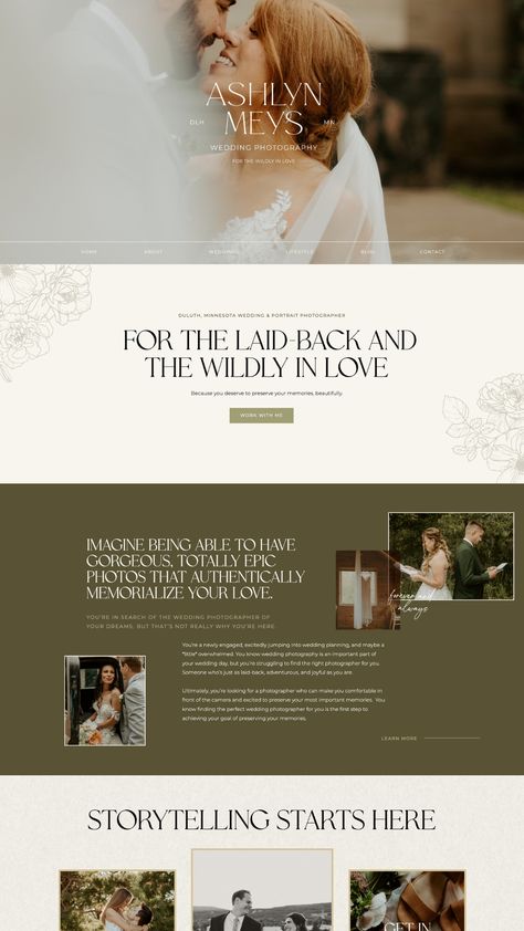 Custom Showit website design for wedding photographer Ashlyn Meys. Wedding Website Aesthetic, Wedding Photographer Website Design, Classic Website Design, Studio Fuse, Organic Website Design, Wedding Website Ideas, Wedding Photographer Website, Website Branding Design, Elegant Website Design