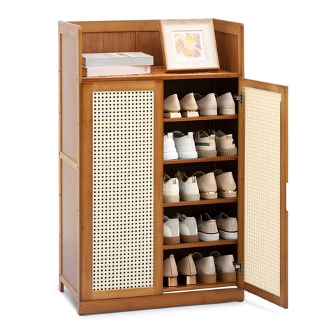 PRICES MAY VARY. Premium Materials - This shoe cabinet is made of high-quality bamboo, strong and durable. The door is made of ABS rattan style with mesh air hole design, beautiful and breathable, suitable for all kinds of home storage. Space Utilization - By stacking shoes vertically, more shoes can be stored in a smaller area. The divided sections also allow you to utilize the height of the cabinet, allowing you to store more shoes overall without taking up too much floor space. Hole Design Do Shoe Storage Cabinet With Doors, Shoe Rack Cover, Shoe Cabinet Entryway, Bamboo Cabinets, Storage Cabinet With Doors, Sneaker Storage, Bamboo Shoe Rack, Shoe Rack With Shelf, Shoe Rack Closet